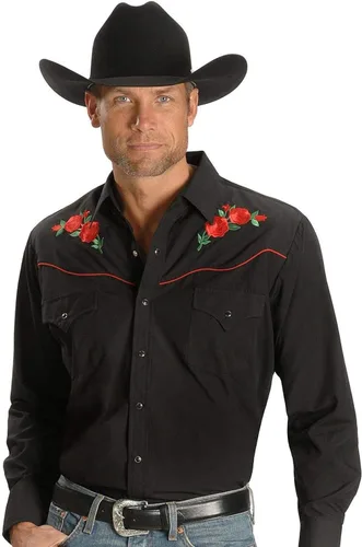Vista 5 de ELY CATTLEMAN Camisa occidental de manga larga para hombre con bordado de rosas