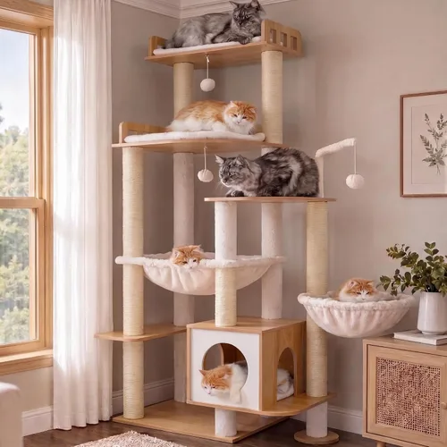 Vista 11 de Heybly Árbol para gatos, torre alta de madera para gatos grandes de Marrón rústico