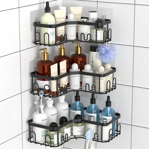 Vista 10 de Menbyci Organizador de ducha negro esquinero para baño, accesorios organizadores de baño a prueba de óxido, cesta de ducha adhesiva, estante