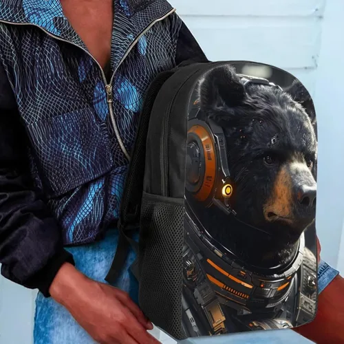 Vista 6 de AmzPrint Mochila negra para niños y niñas de 17 pulgadas con estampado de animales, ligera, mochila escolar para estudiantes, Oso, Classic