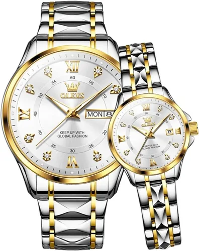 Vista 21 de OLEVS Reloj para parejas para él y ella, reloj analógico de cuarzo para hombres y mujeres, de acero inoxidable, impermeable, luminoso, fecha, reloj