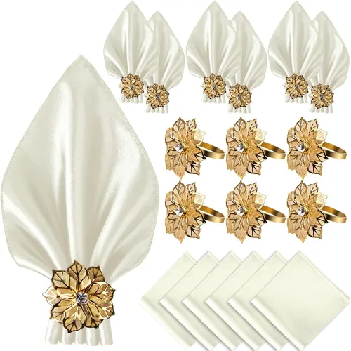 Vista 12 de VIJIV Juego de 12 servilletas de tela y juego de 6 anillos para servilletas dorados, 17x17 servilletas de cena de satén cuadradas con flores
