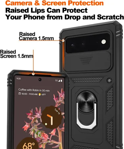 Vista 5 de Gritup Funda para Google Pixel 6 con cubierta deslizante para cámara y protector de pantalla (2 unidades), soporte de anillo giratorio 360°, funda