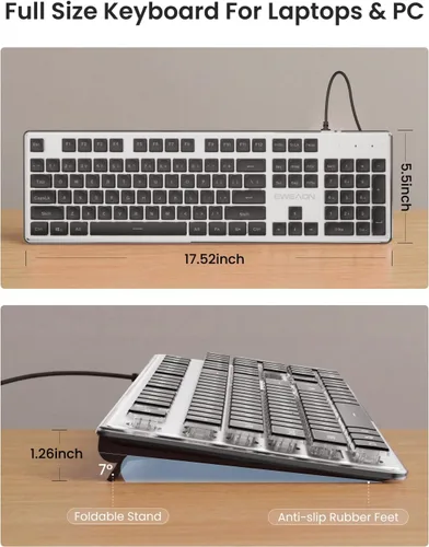 Vista 7 de SEUNKWANG Teclado retroiluminado con cable con teclas de pudín, teclado silencioso de computadora de tamaño completo, retroiluminación azul, fácil