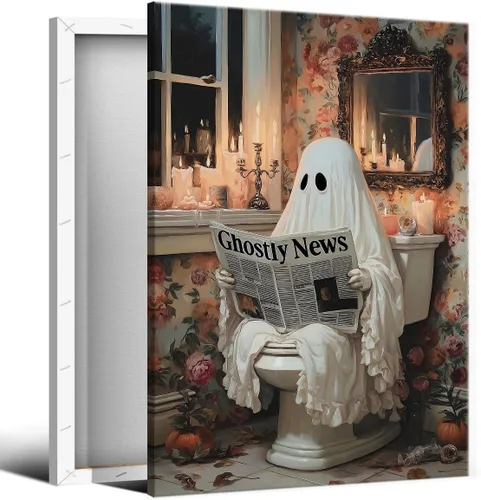Vista 11 de Lienzo decorativo de Halloween para pared, póster de fantasma y gato negro en la bañera, imagen espeluznante de fantasma y flores, impresión