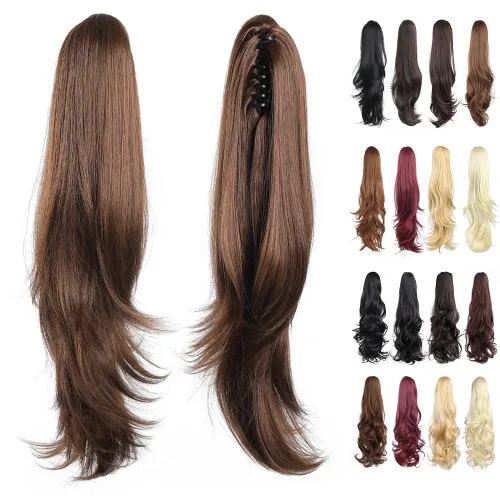 Vista 29 de Extensiones de cola de caballo, extensiones de cabello de cola de caballo con clip de garra marrón oscuro para mujer, pieza de cabello rizado