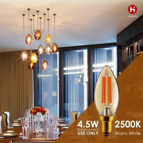Vista 2 de helloify Bombilla LED Edison B11 regulable vintage, equivalente a 60 W, alto brillo, luz blanca cálida de 2500 K, vidrio ámbar, estilo Ámbar-2500k