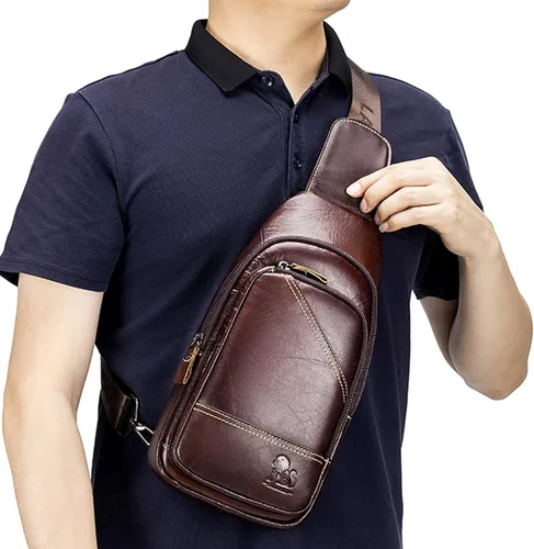 Vista 2 de Hebetag Bolso bandolera de cuero casual para hombres y mujeres para viajes al aire libre paquete de pecho