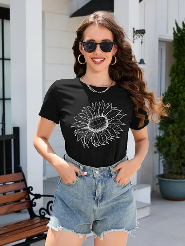Vista 7 de DEARCASE Camiseta de otoño para mujer, diseño de girasol, holgada, cuello redondo, manga corta, informal, para mujer