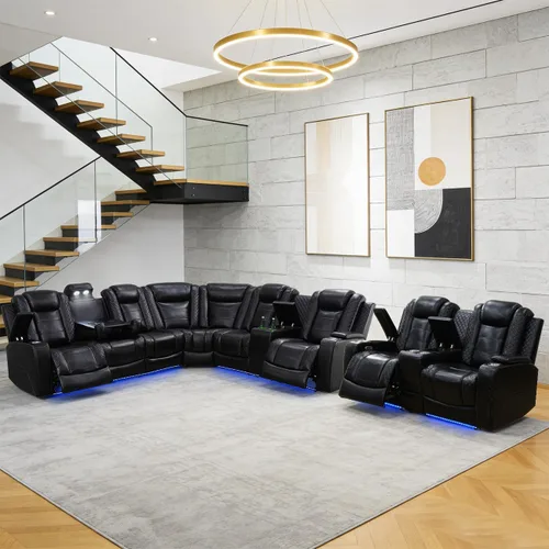 Vista 43 de Juego de sofá modular reclinable eléctrico para sala de estar, juego de sofá reclinable de cuero con luces LED / almacenamiento oculto, sofá
