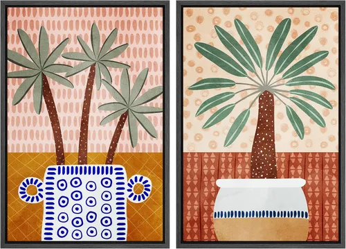 Vista 59 de IDEA4WALL Lienzo Enmarcado Impreso Arte de Pared Set Paisaje de Hojas de Palma de Selva de Mediados de Siglo Naturaleza Silvestre Ilustraciones Arte