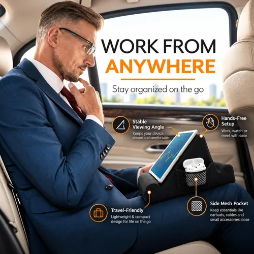 Vista 5 de Brookstone Cojín de regazo para tableta, soporte para tableta y teléfono para cama, vuelos y viajes, dos escritorio de espuma viscoelástica en Negro