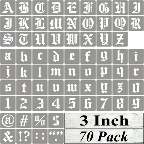 Vista 11 de Plantillas de letras del alfabeto de 1 pulgada para pintar, paquete de 70 plantillas de letras en inglés antiguo con números y letreros para pintar