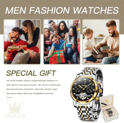 Vista 6 de OLEVS Relojes automáticos para hombre, impermeable, vestido de lujo, cuerda automática, esqueleto mecánico, tourbillon, fase lunar, acero
