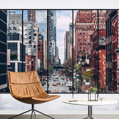Vista 30 de SIGNFORD Adhesivo removible para pared, luz de neón, vista de rascacielos, naturaleza, paisaje urbano, fotografía, realismo, paisaje rústico