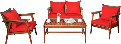 Vista 11 de Tangkula juego de 4 sofás de madera de patio, juego de asientos de madera de acacia para exterior con cojines y mesa de centro, juego de sofá