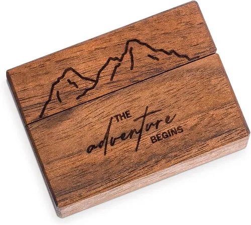 Vista 7 de Caja de anillo de compromiso de madera, pequeña funda plana delgada para propuesta, boda (comienza la aventura)