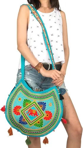 Vista 2 de Tribe Azure Fair Trade Hippie Sling Bolso cruzado hecho a mano Boho Chic Patchwork Bordado Bolso de Hombro Azul Gitano, Azul