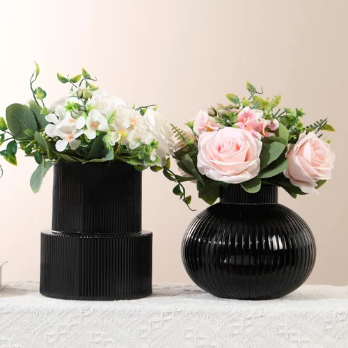 Vista 59 de Jarrones de vidrio acanalado, juego de 2 jarrones estriados para flores, florero de vidrio ámbar para tulipanes, jarrón moderno para sala de estar