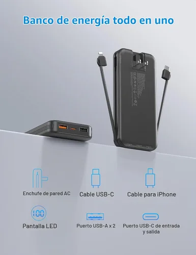Vista 9 de Ffnpua Cargador portátil Power Bank 10000mAh PD20W con cables incorporados