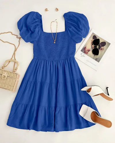 Vista 5 de ZESICA Mini vestido corto de verano bohemio 2025 con cuello cuadrado, manga abombada, hombros descubiertos, fruncido, escalonado, casual