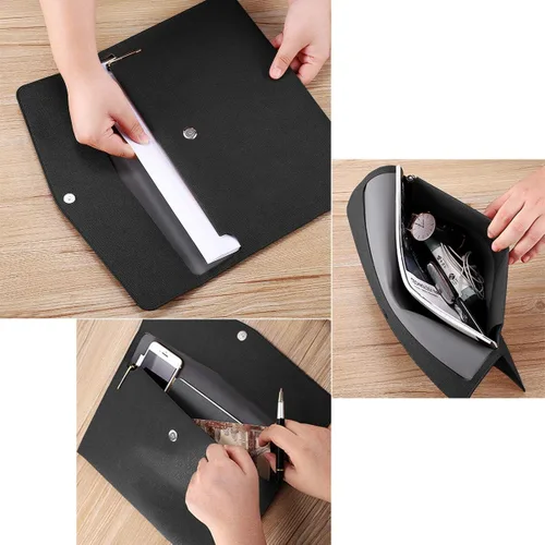 Vista 5 de Carpeta de Archivos de Cuero PU A4 Portadocumentos Impermeable Portafolio Sobre Carpeta con Cierre de Presión Negro