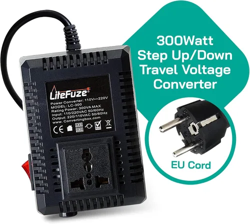Vista 2 de LiteFuze, convertor de voltaje alto/bajo para viaje. cable EU