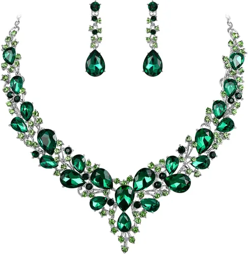 Vista 7 de BriLove Women's Wedding Statement Necklace Dangle Earring Jewelry 01-Tono plateado transparente