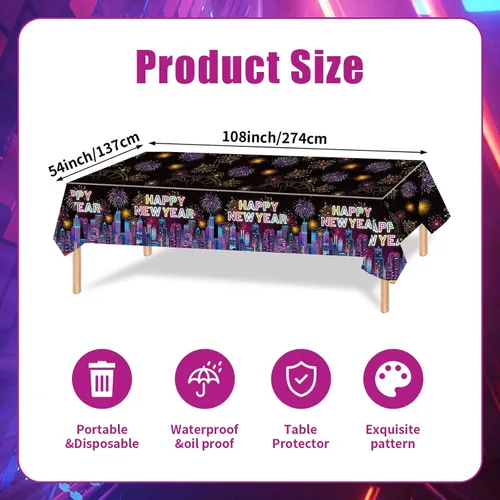Vista 2 de SpinLaLa Mantel de plástico desechable de 3 piezas de 54 x 108 pulgadas, diseño de fuegos artificiales negros y horizonte urbano para fiestas de Año