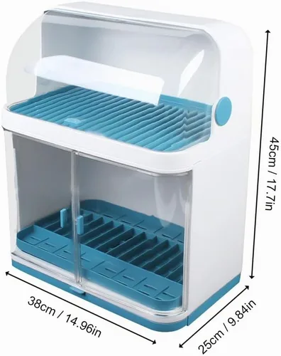 Vista 5 de Escurridor de platos con tapa, estante de secado de plástico de 2 niveles para cocina, platos y almacenamiento de platos