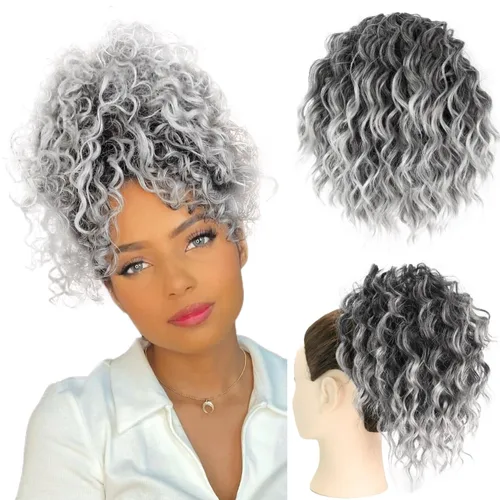 Vista 8 de Extension de cabello con moño desordenado, textura Yaki, con cabello suelto, ondulado y rizado, corto, con cordón de ajuste, extensiones de cola