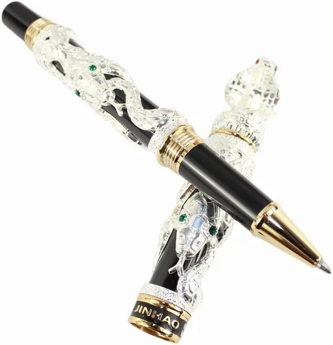 Vista 4 de Gullor Bolígrafo Rollerball Negro y Plata Antigua Serpiente Patrón 3D (blanco y negro)