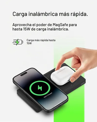 Vista 2 de Belkin BoostCharge Pro - Estación de carga inalámbrica 2 en 1 con MagSafe de 15 W, cargador de carga rápida compatible con iPhone 15, 14, 13 y 12