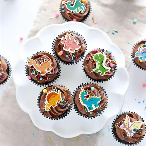 Vista 7 de Ercadio 40 piezas comestibles de dibujos animados de dinosaurios para cupcakes para bebida, decoración de tartas para temática de dinosaurios, baby