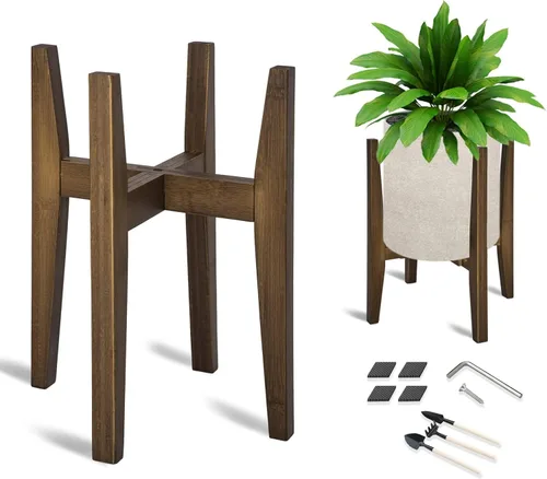 Vista 10 de OERGKE Soporte ajustable para plantas de interior, soportes de bambú modernos de mediados de siglo, soporte de flores de esquina para sala de estar