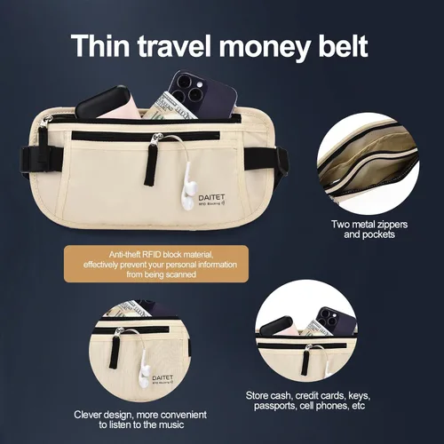 Vista 40 de DAITET Cinturón de dinero, soporte para pasaporte, cartera de viaje oculta segura con bloqueo RFID, riñonera encubierta (negro), Negro, Rfid