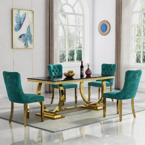 Vista 15 de HomVent Juego de mesa de comedor moderna de mármol sintético para 4 personas, mesa de cocina rectangular con 4 sillas beige (dorado)
