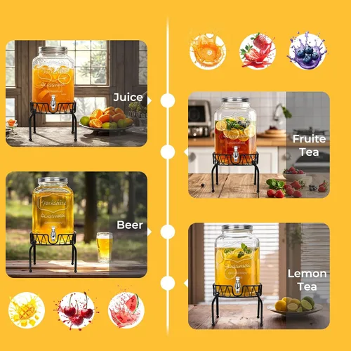 Vista 4 de Dispensador de bebidas de vidrio con soporte y tapa, un paquete de 2 galones con espita - Dispensadores de bebidas de vidrio para fiestas, bodas