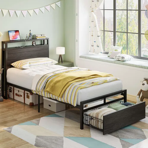 Vista 11 de LIKIMIO - Marco de cama individual con cajón y estación de carga, color marrón oscuro 2-Tier Storage Headboard with Metal Construction Frame, No