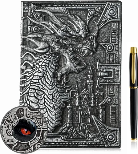 Vista 10 de Cuaderno de escritura de diario de dragón en relieve 3D con juego de bolígrafos, diario DND de tapa dura hecho a mano, bloc de notas diario
