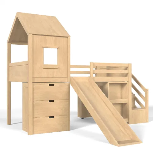 Vista 9 de SOFTSEA Cama tipo loft con tobogán, almacenamiento y escritorio para niños Natural