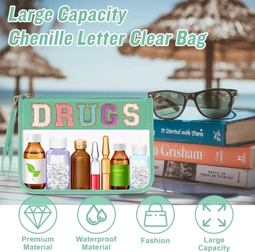 Vista 4 de Iqimott Bolsa de parche de felpilla con letras MEDS transparente, bolsa de maquillaje portátil de preparación para mujeres y niñas, viajes, bolsa