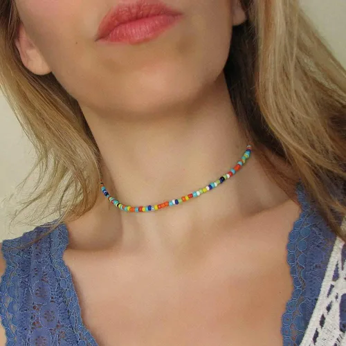 Vista 2 de Colorful Beaded Necklace for Women Beaded Pearl Choker Necklace for Teen Girls Stainless Steel 14K Gold Plated Necklace Y2K Trendy Pearl Necklace