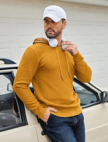 Vista 20 de COOFANDY Sudadera con capucha para hombre, casual, de manga larga, con cordón, de punto gofre, ajustada