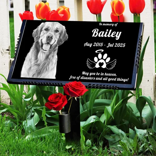 Vista 10 de Marcador personalizado para tumbas para mascotas con foto, piedra conmemorativa de gatos, lápida de granito negro personalizada grabada con láser