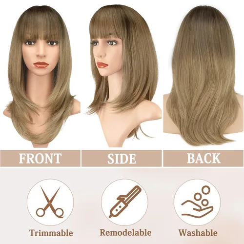 Vista 2 de BARSDAR Pelucas rectas en capas con flequillo para mujer, 20 pulgadas, esponjosas, de aspecto natural, rubio degradado, mezcla de marrón