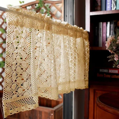 Vista 12 de Cenefa de cortina rústica bohemia para ventana de cocina, casa de campo, hecha a mano, entretejido de encaje de ganchillo, tela de algodón, cortinas