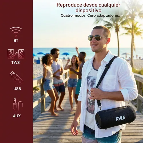 Vista 2 de Pyle Altavoz Bluetooth portátil - LED RGB, IPX5 impermeable, emparejamiento estéreo TWS, USB/AUX/FM, micrófono integrado, carga USB-C, batería 7H