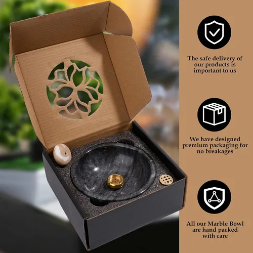 Vista 6 de Cuenco de incienso de mármol con quemador de latón – Quemador de incienso de piedra pulida a mano natural para palos, conos, palo, santo y salvia