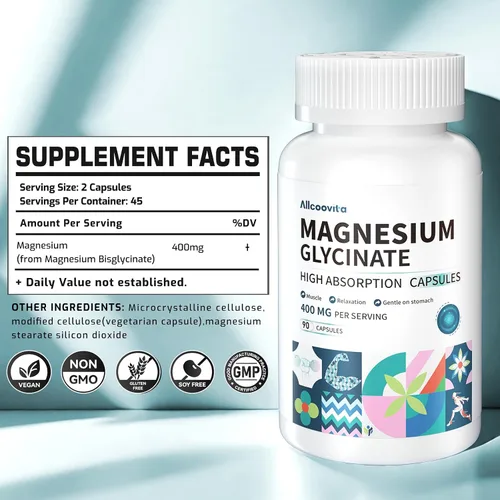 Vista 2 de Glicinato de magnesio 400 mg por porción, 100% quelado para una alta absorción, suave para el estómago, sin OMG, 90 cápsulas vegetarianas